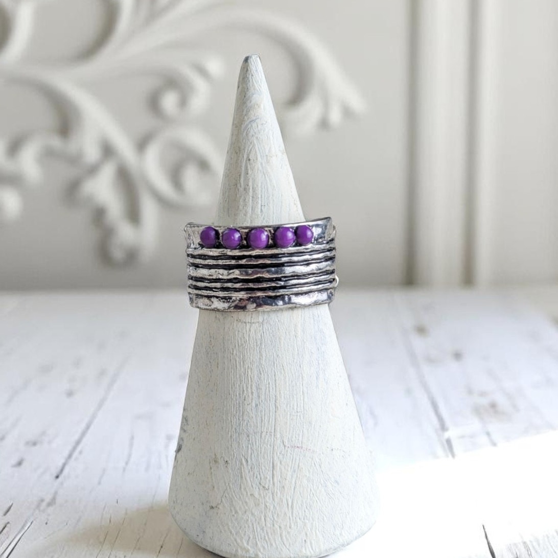 Stretchy Band Silver Tone Purple Beads Adjustable Fashion Ring 9$